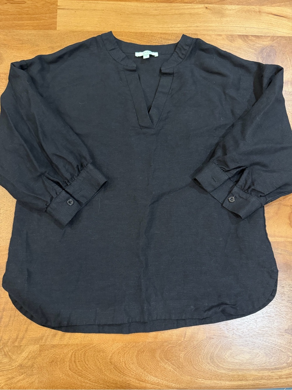 Jade Black 100% Linen Split-Neck 3/4 Length Blouse Size Small